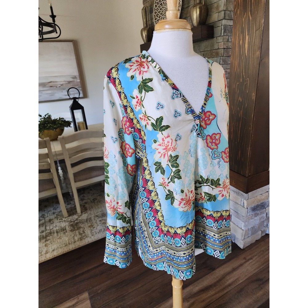 Johnny Was Silk Floral Tunic Top Womens Large V-Neck Long Sleeve Boho Blue Multi